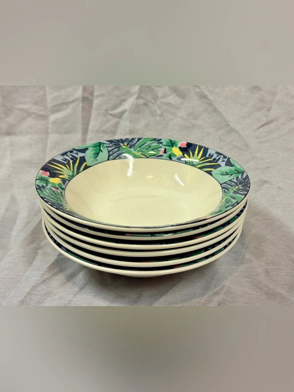 Tropical Leaf Pattern Ceramic Dinner Bowls - Cream and Green